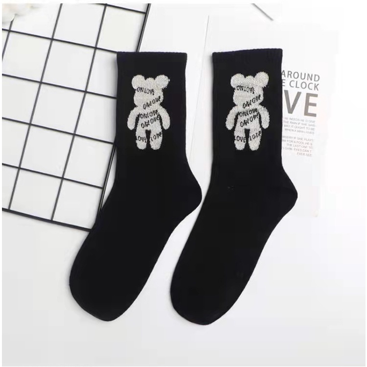 Tất nữ cổ cao họa tiết gấu dày dặn màu vintage phong cách Hàn quốc De Luna