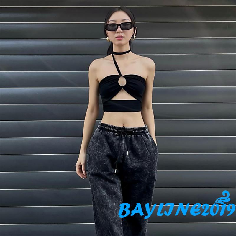 BAY-Women’s Casual Halter Vest Fashion Solid Color Boat Neck Metal Ring Exposed Navel Camisole