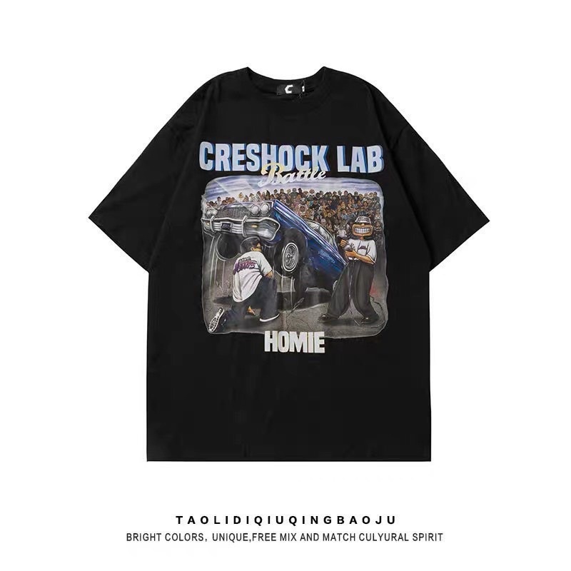 Áo thun oversize in chữ Creshock Lab ,vải cotton tháng mát, áo in hình oto phong cách hip hop TATO CLOTHING