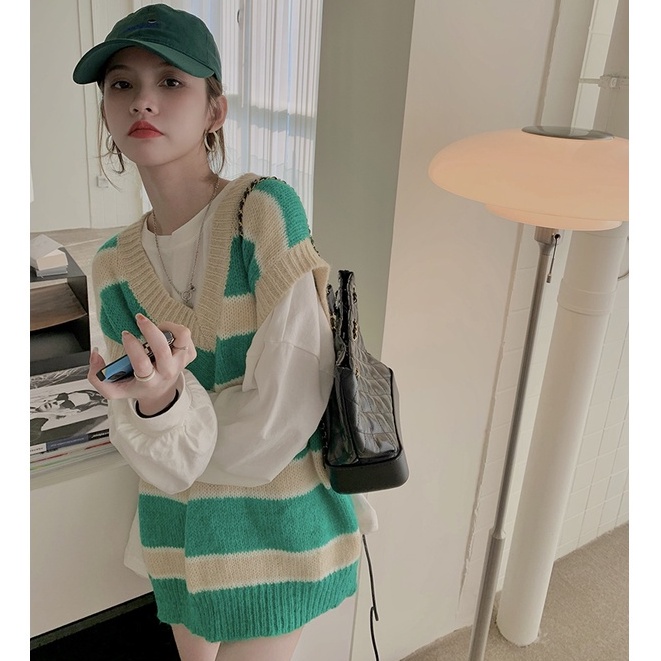 Áo dệt kim sát nách kẻ sọc màu sắc thời trang cho nữ 46308 | BigBuy360 - bigbuy360.vn