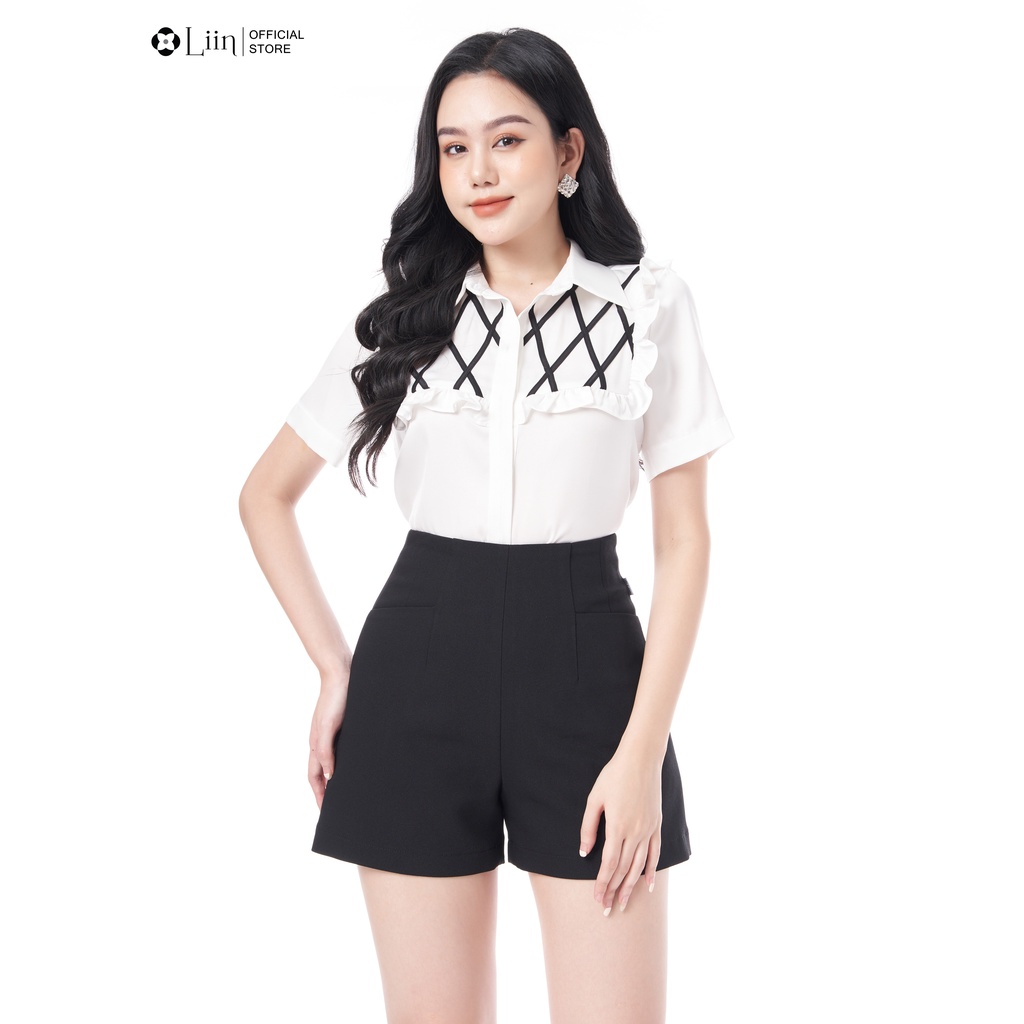 Áo sơ mi nữ linbi cao cấp ngắn tay màu trắng mix đai chéo màu đen thanh lịch liin clothing SM4322