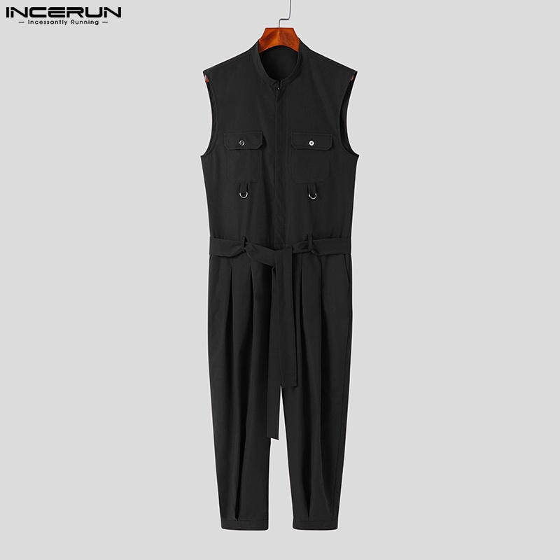 Áo liền quần INCERUN sát nách màu trơn có dây thắt lưng dành cho nam