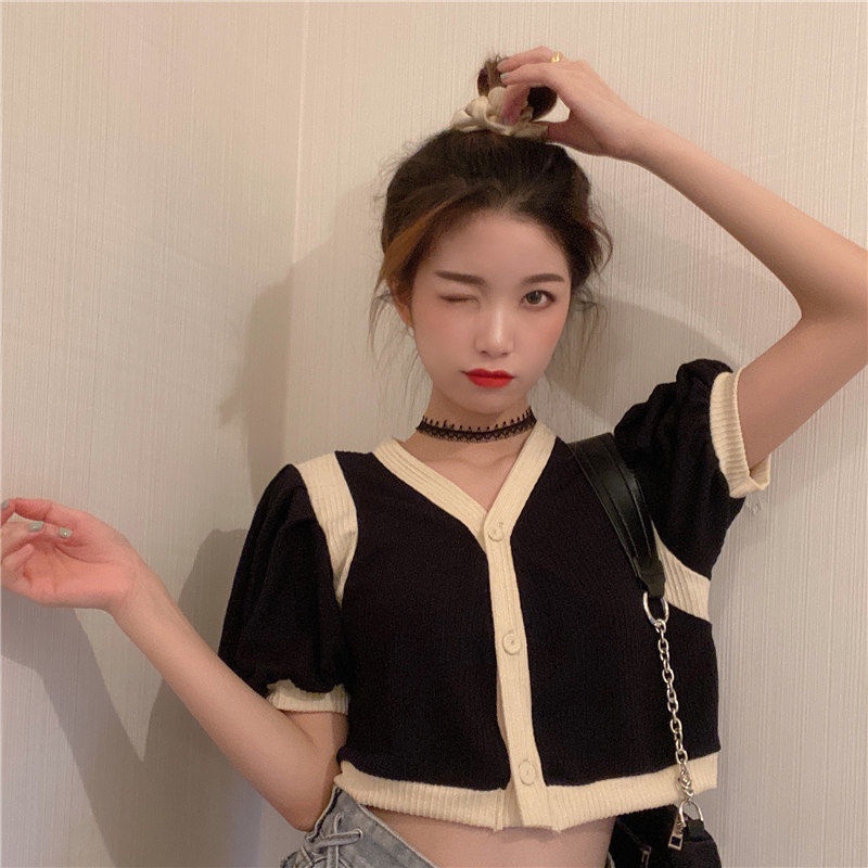 Áo Thun Dệt Kim Mỏng Tay Ngắn Cổ Chữ V Phối Màu Sắc Tương Phản Thời Trang Mùa Hè Cho Nữ