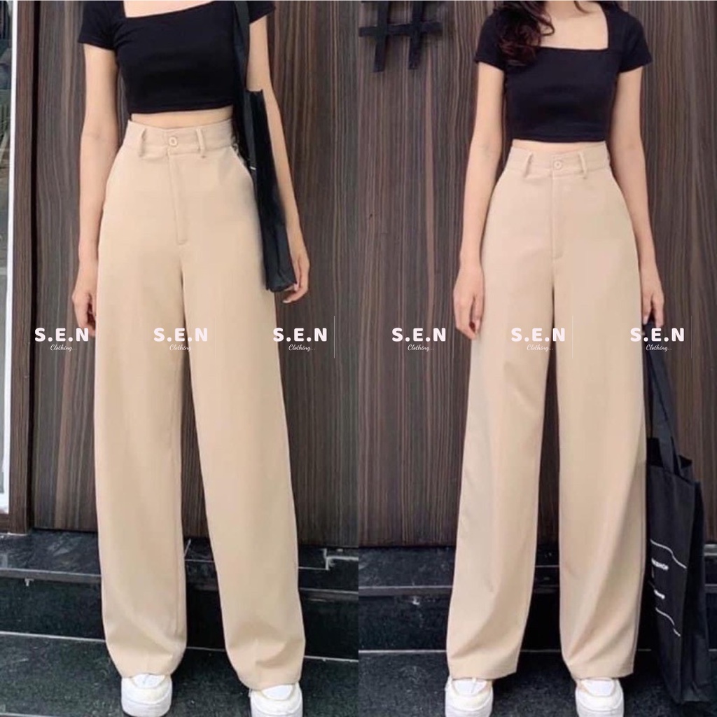Quần ống rộng cạp cao cài cúc khoá