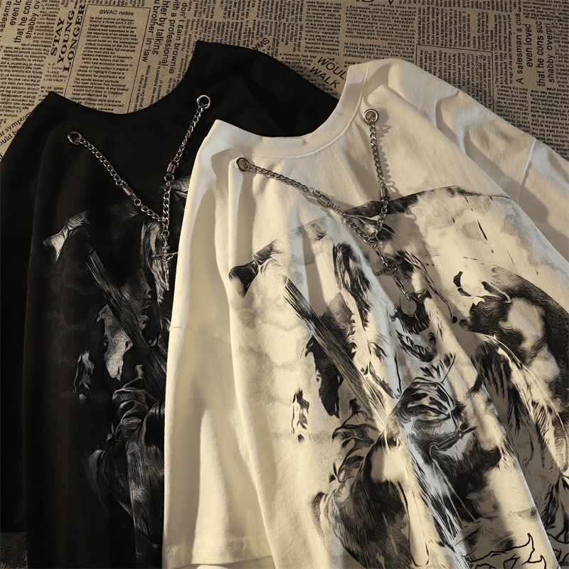 Áo Thun Cotton Tay Ngắn In Hình Đầu Lâu Phong Cách Harajuku Thời Trang Mùa Hè 2023