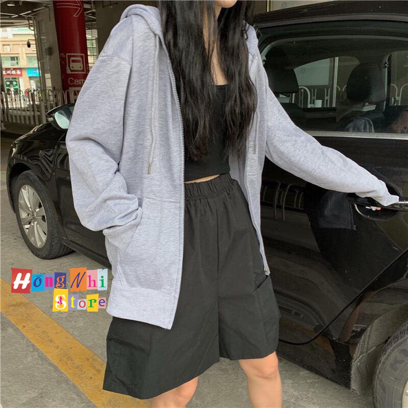 Áo Khoác Hoodie Zip Trơn Oversize Ulzzang Unisex Hoodie Dây Kéo Màu Xám Dáng Rộng - MM