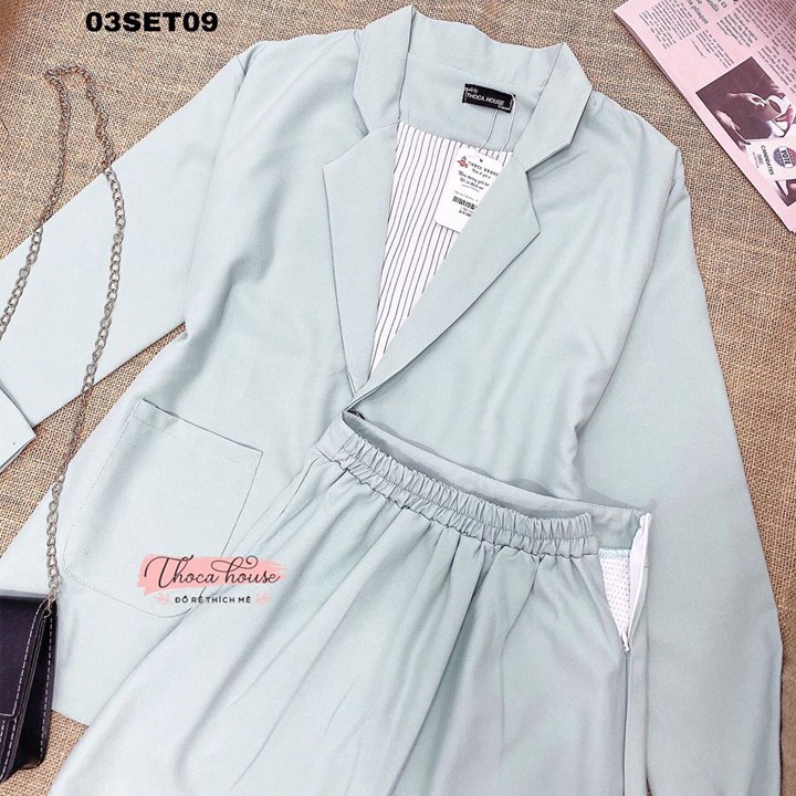 Set áo khoác vest 2 túi phối chân váy lưng thun xanh pastel THOCA HOUSE vải dày đi làm, đi học freesize dưới 56kg | BigBuy360 - bigbuy360.vn