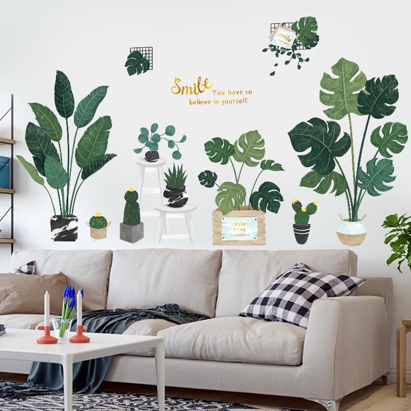 Decal dán tường chậu cây xanh cỡ lớn, sẵn keo dán