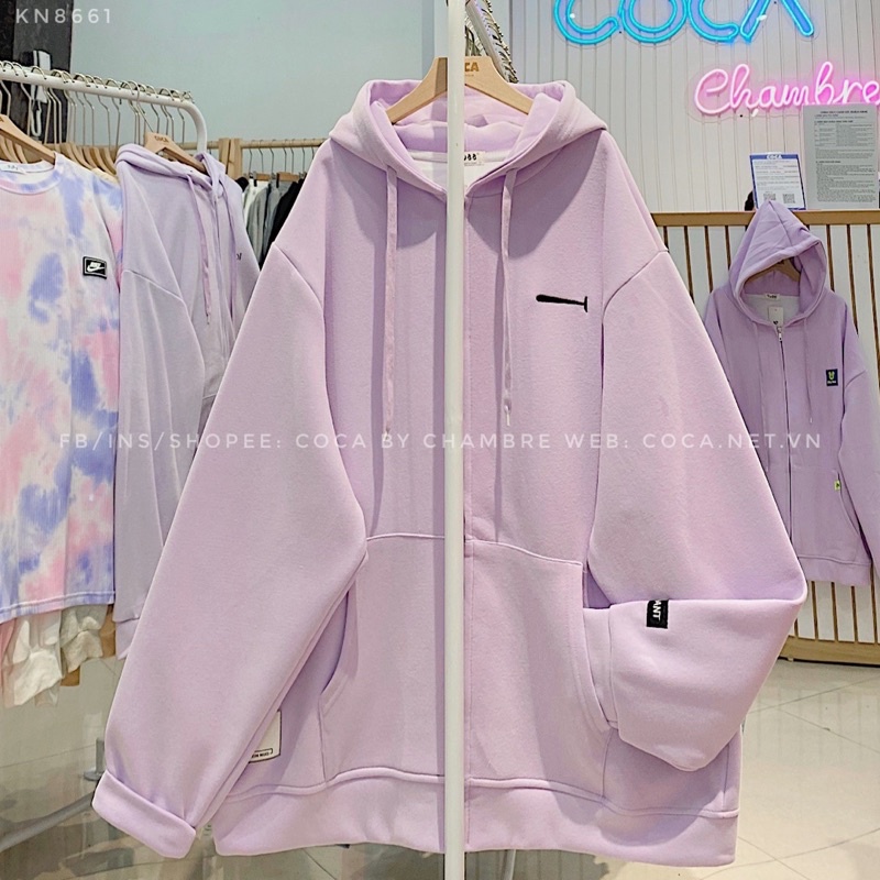 [KN8661]💜 Áo khoác HOODIE ZIP nỉ xốp thêu gậy bóng chày form rộng unisex (Có sẵn/ảnh thật)