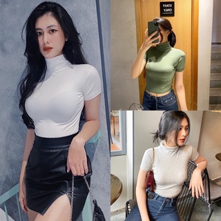 Áo Croptop Cổ Lọ Tay Ngắn Thun Gân Xịn Mịn