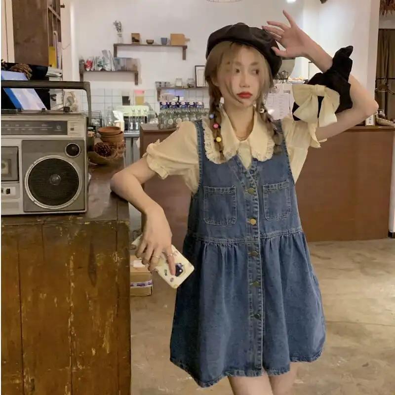 Váy Denim Ngắn Cổ Chữ v Không Tay Kiểu Mới