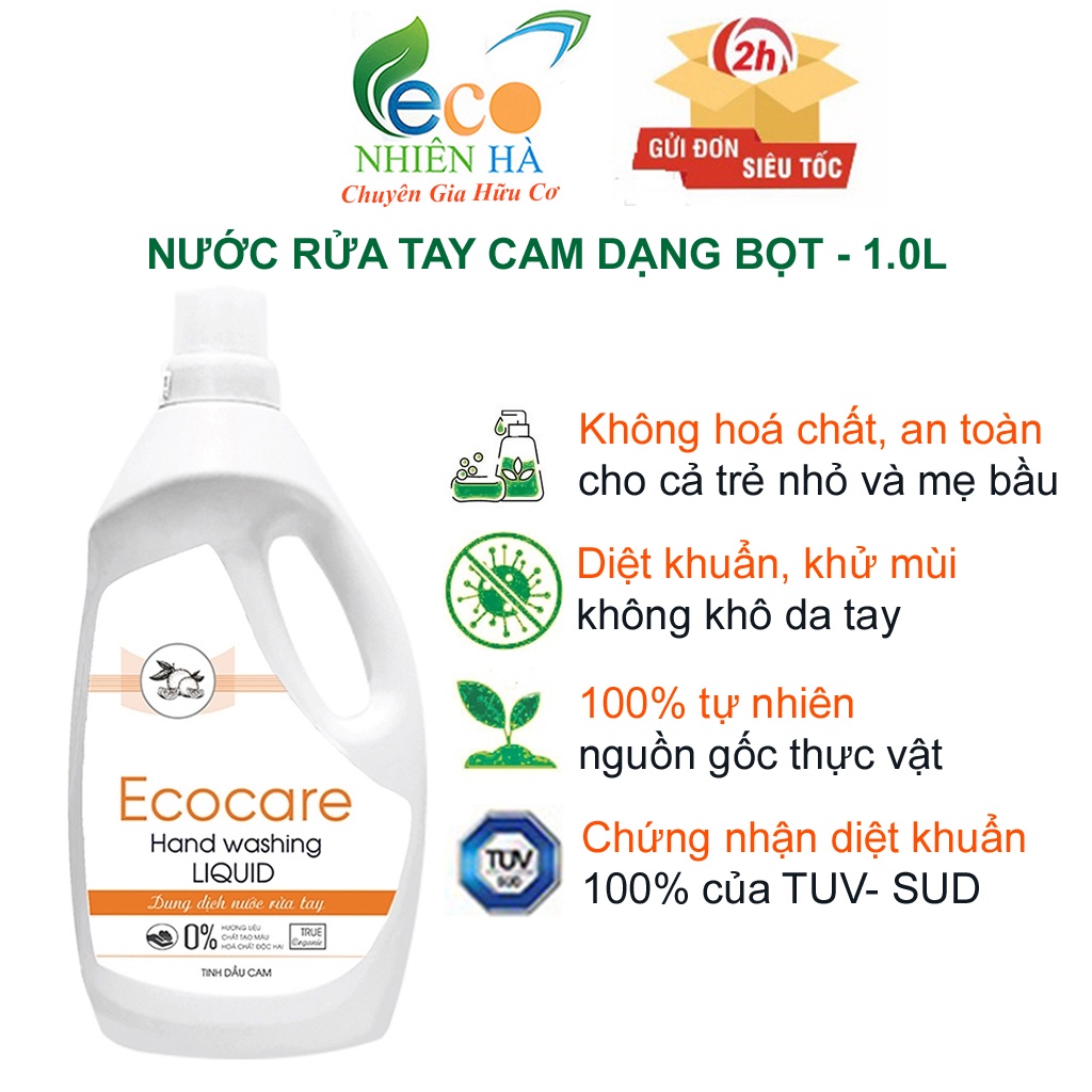 Nước rửa tay ECOCARE 1L tinh dầu cam, nước rửa tay diệt khuẩn dạng bọt, không khô da tay