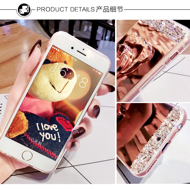 Ốp điện thoại từ nhựa dẻo mặt gương đính kim cương có nhẫn móc tay hình gấu cho iPhone 6 6s 7 8 Plus X XS Max XR