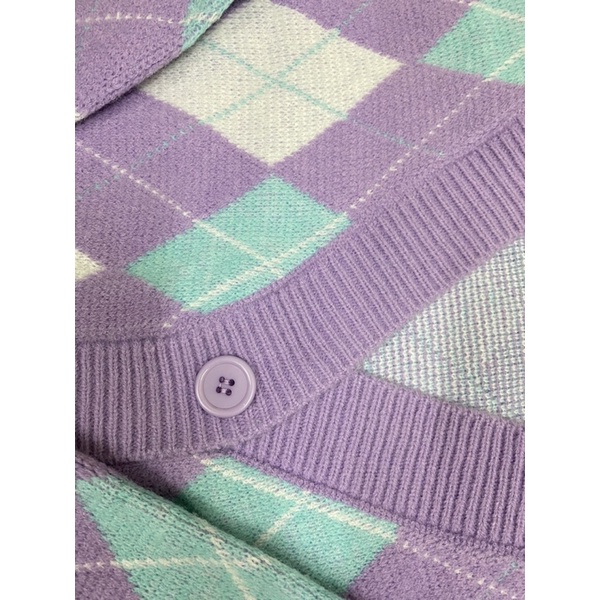Áo cardigan len dài tay kẻ trám màu tím dày dặn form rộng phong cách ulzzang Hàn Quốc cho mùa thu SẴN