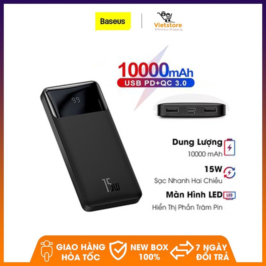 Sạc Dự Phòng Baseus 10000Mah, Hỗ Trợ Sạc Nhanh 15W. Tốc Độ Sạc Rất Nhanh, Thiết Kế Cực Đẹp. Bảo Hành 12 Tháng.