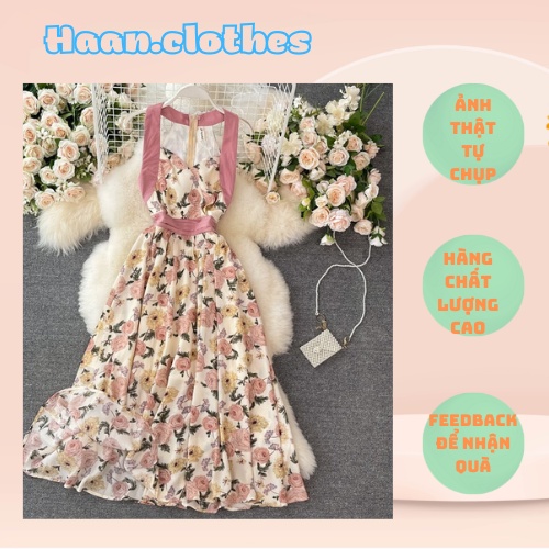 Đầm hoa không tay có size màu be mix viền hồng