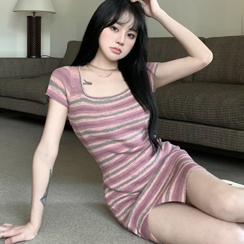 Đầm Cổ Vuông Tay Ngắn Họa Tiết Kẻ Sọc Cầu Vồng Thời Trang Mùa Hè Cho Nữ