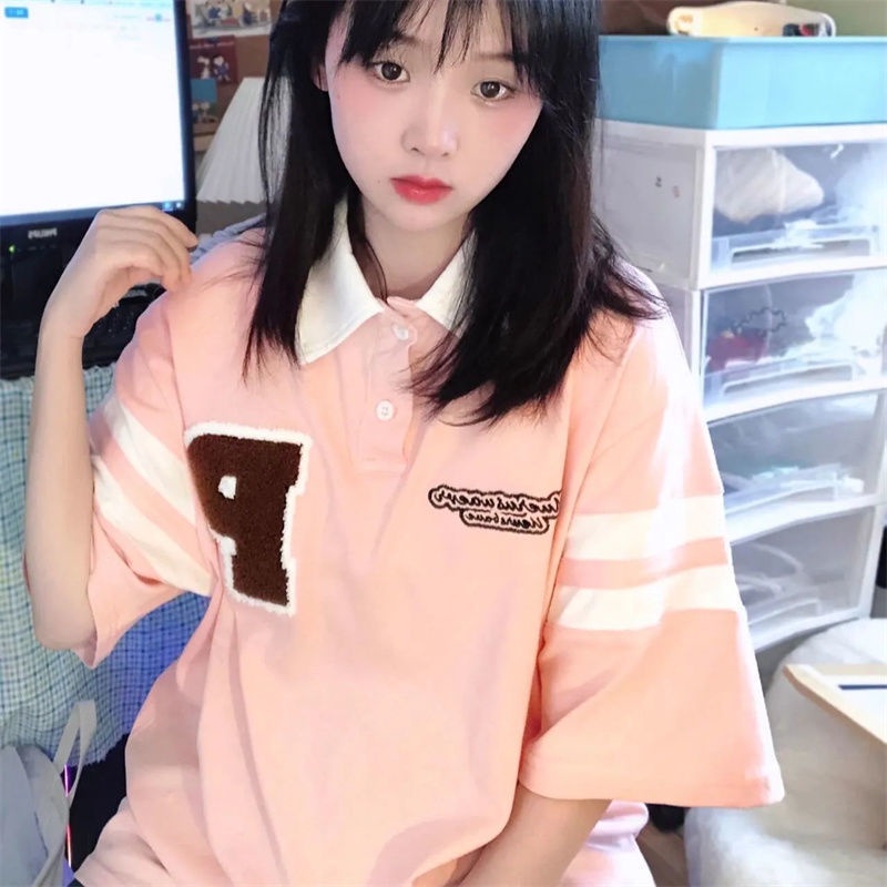 Jiashucheng Áo Thun Nữ Ngắn Tay Cổ Bẻ Form Rộng Phong Cách Hàn Quốc Mới