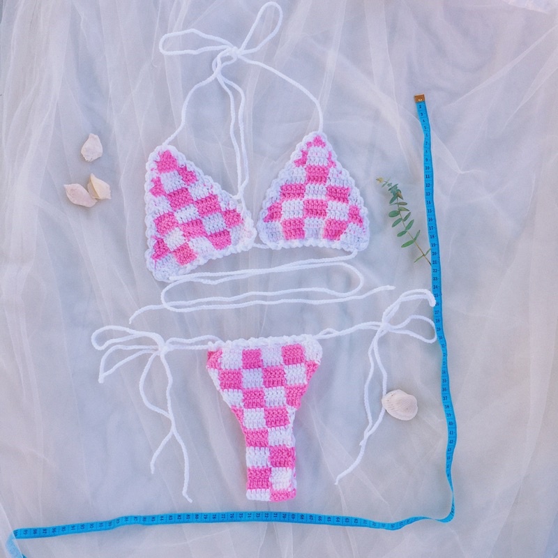 Set Bikini Caro Hồng Trắng, Bra Len Móc - xanhlanhes