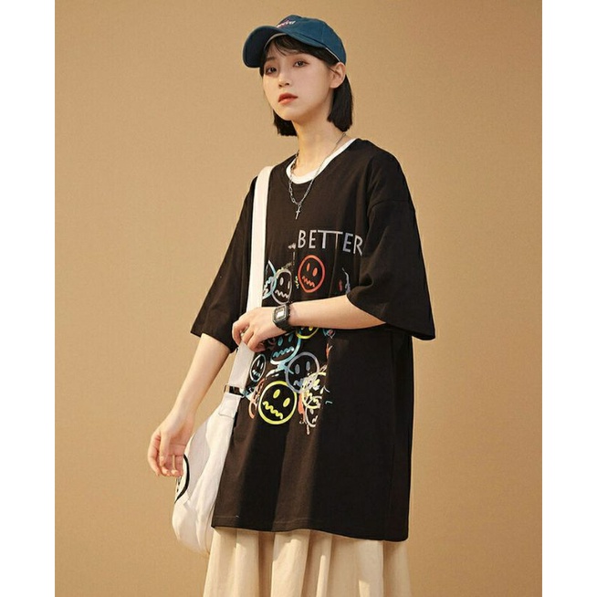 Áo thun tay lỡ nam nữ, áo phông unisex form rộng chất cotton mát mịn thấm hút mồ hôi in hình mặt cười | BigBuy360 - bigbuy360.vn