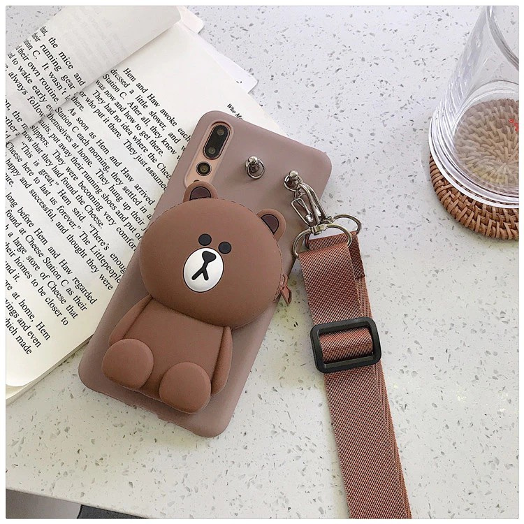 Samsung S9 S9PLUS S10 S10PLUS S7edge S21Ultra S21+ A12 A42 5G A6 A8 A6Plus A6+ A8Plus A8+ A02S A01Core Cartoon Bear zero wallet mobile phone protective cover fashion silicone Backpack Sling mobile phone shell cute small backpack mobile phone soft shell