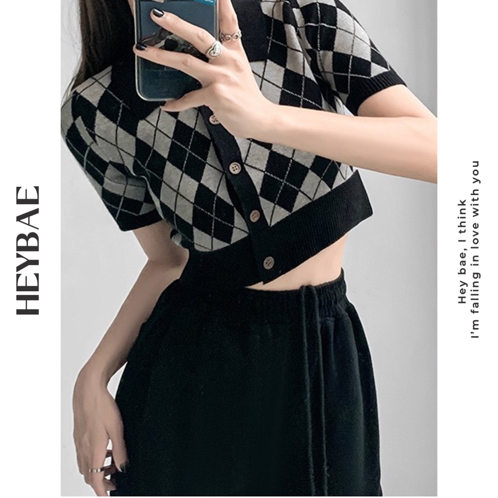 Áo Len Croptop Kẻ Caro Celia HEYBAE cổ polo bẻ hoạ tiết quả trám dáng ôm sexy đáng yêu cho nữ P3-K8