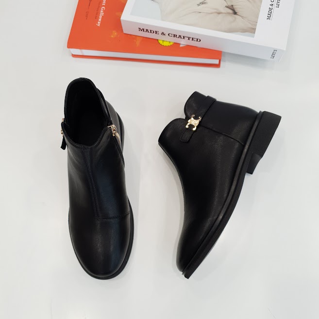 Giày boot nữ da mềm 2021 B SHOES, boot thấp cổ lót nỉ khóa kéo, mũi tròn, đế bệt, kiểu dáng hiện đại trẻ trung B26