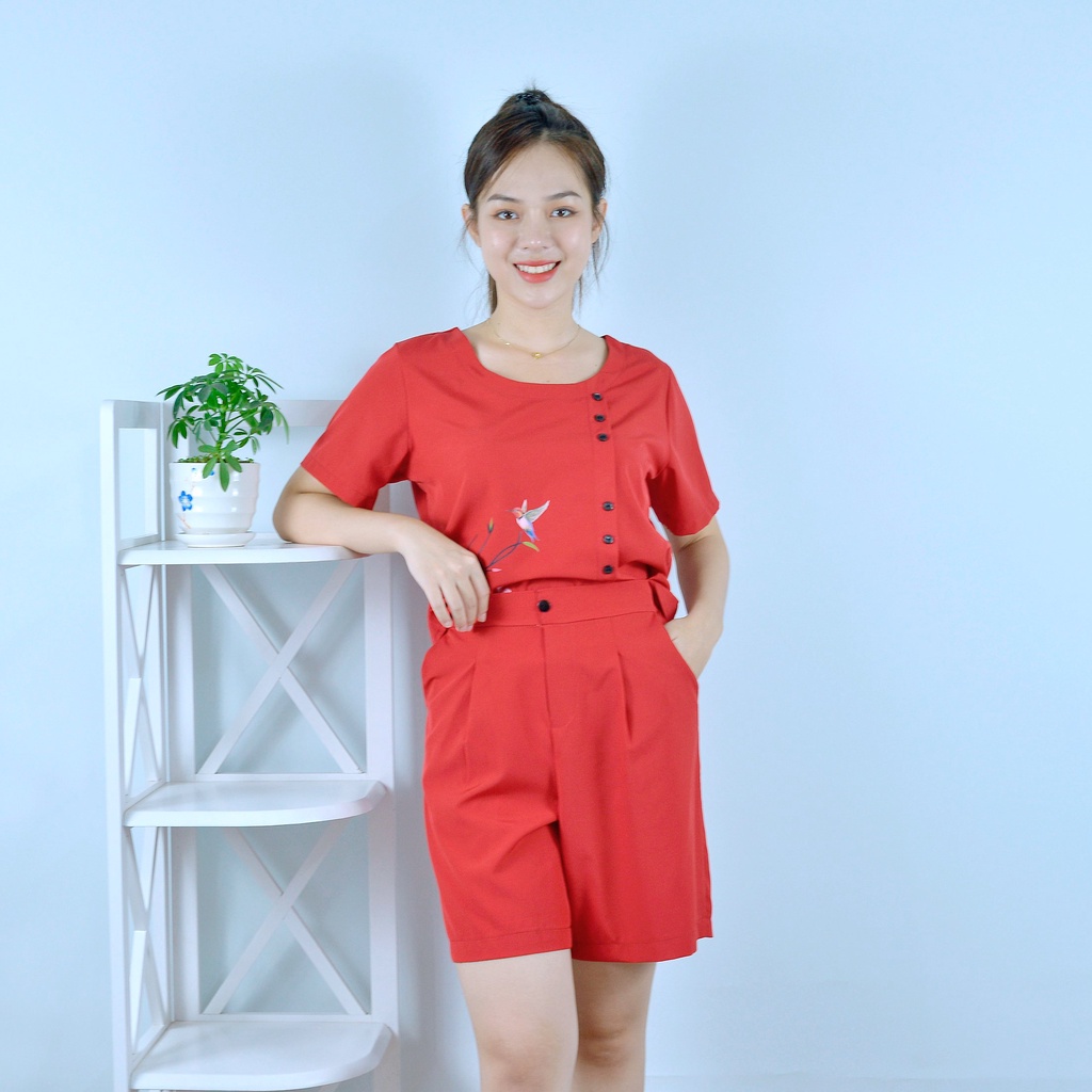 Bộ đồ nữ MÀU ĐỎ IN HOA THÚ ĐIỂM NHẤN HÀNG NÚT   - vải lụa cao cấp - Cực Kì Sang Chảnh - Qúy phái
