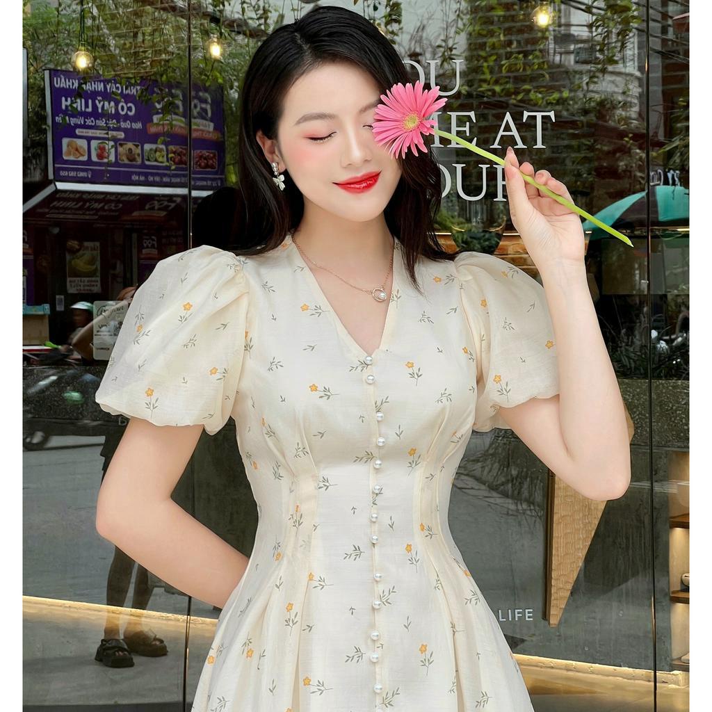 Váy hoa tay bồng cổ V đính cúc ngọc YV186 YAME