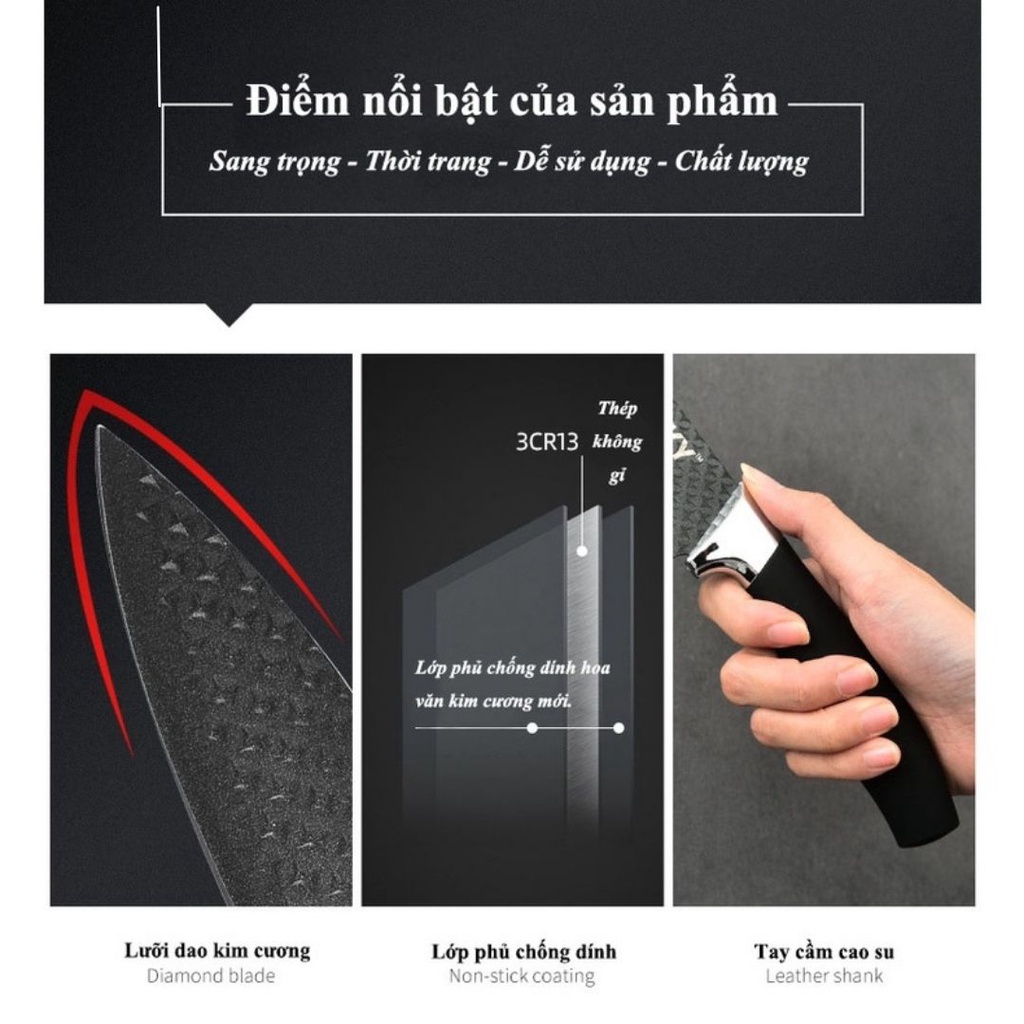 Bộ Dao Nhà Bếp Lucky 6 Món Inox Hoa Văn Kim Cương, Phủ Chống Dính Thương Hiệu Đức