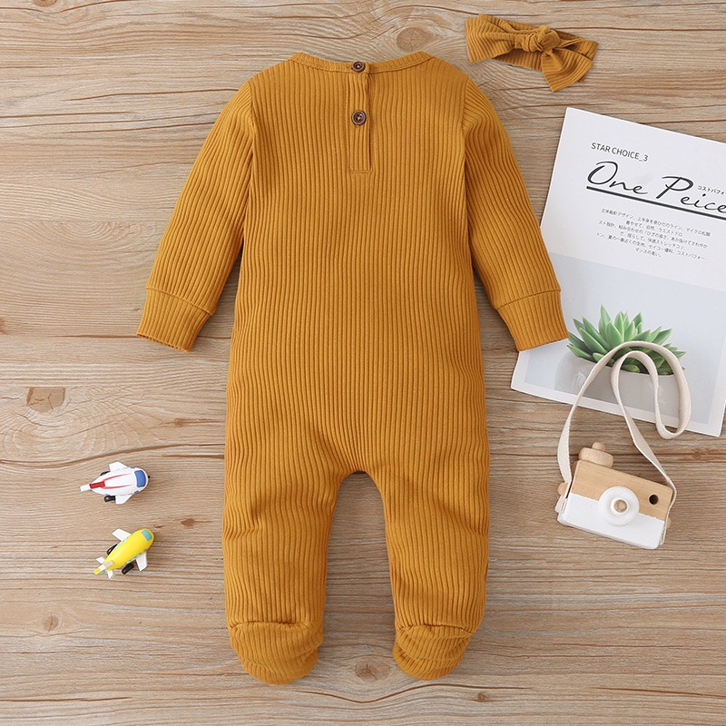 Body Tay Dài Cho Bé Trai Bé Gái Sơ Sinh 0-9 Tháng,Bodysuit Liền Thân Kèm Băng Đô Cài Tóc Màu Trơn Dễ Thương