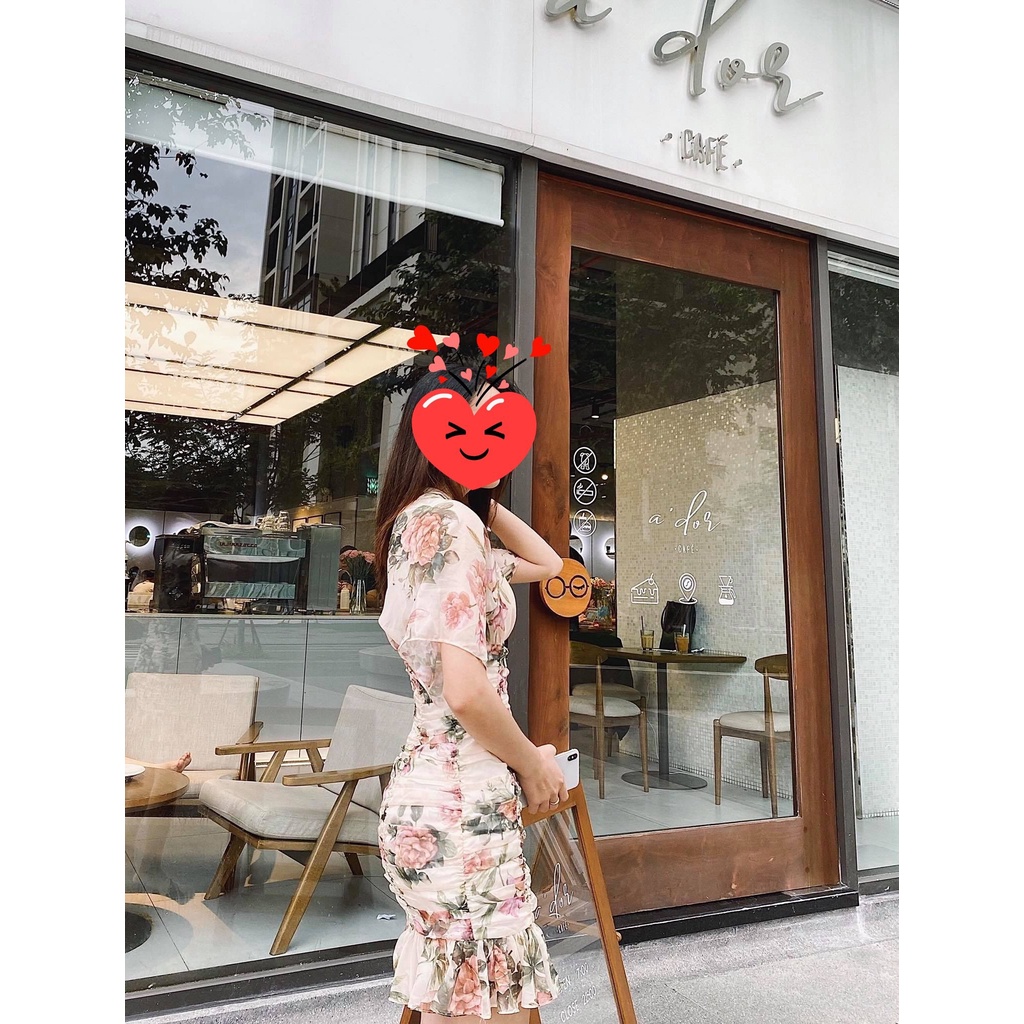 Đầm kimono body sexy màu be họa tiết hoa nhún bèo voan tơ Size S