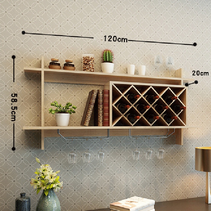 Kệ rượu vang gỗ treo tường có giá treo ly trang trí phòng khách,Kệ tủ để đồ gắn tường decor quầy bar nhà bếp đẹp KV-001
