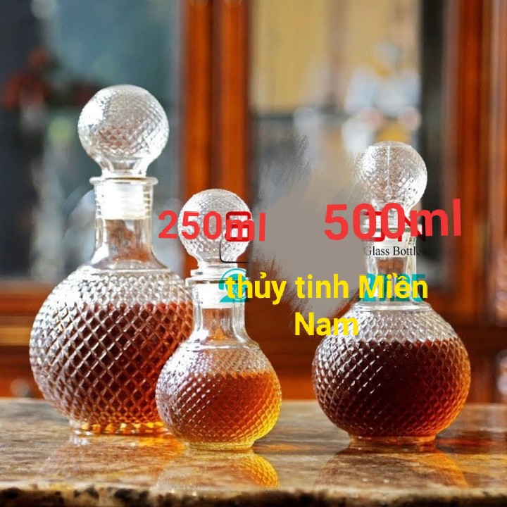 BÌNH RƯỢU THỦY TINH TRÒN KIM CƯƠNG 500ML, BÌNH NGÂM RƯỢU THỦY TINH