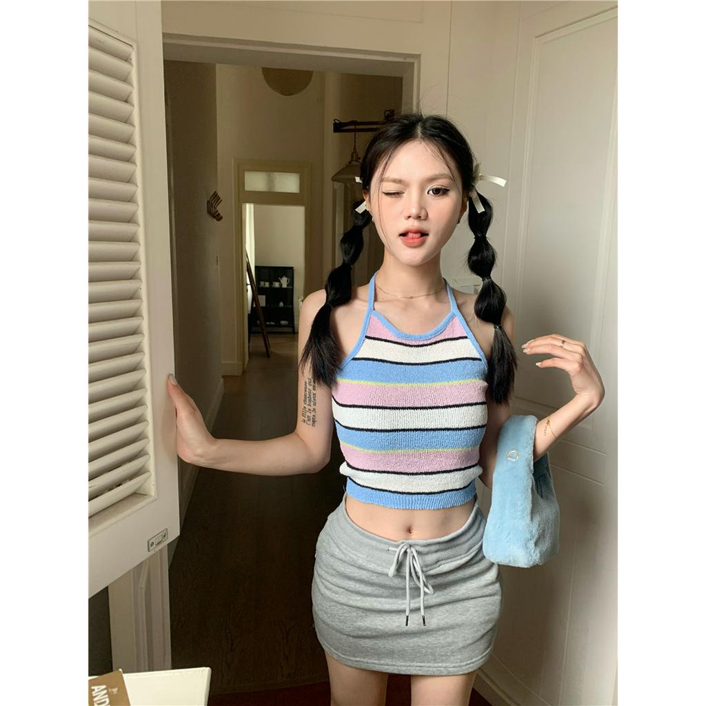 Lalisas Áo Dệt Kim Hai Dây Ngắn Mỏng Kẻ Sọc Cổ Yếm Gia Vị Gợi Cảm Cho Nữ