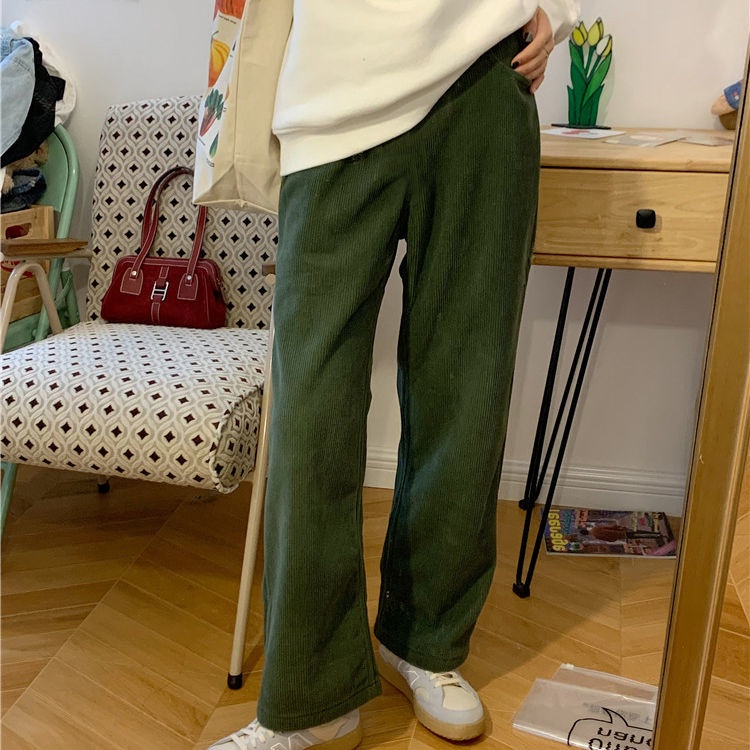 Quần Dài Ống Rộng Màu Xanh Lá Phong Cách Retro Thời Trang Xuân Hè Dành Cho Nữ Sinh