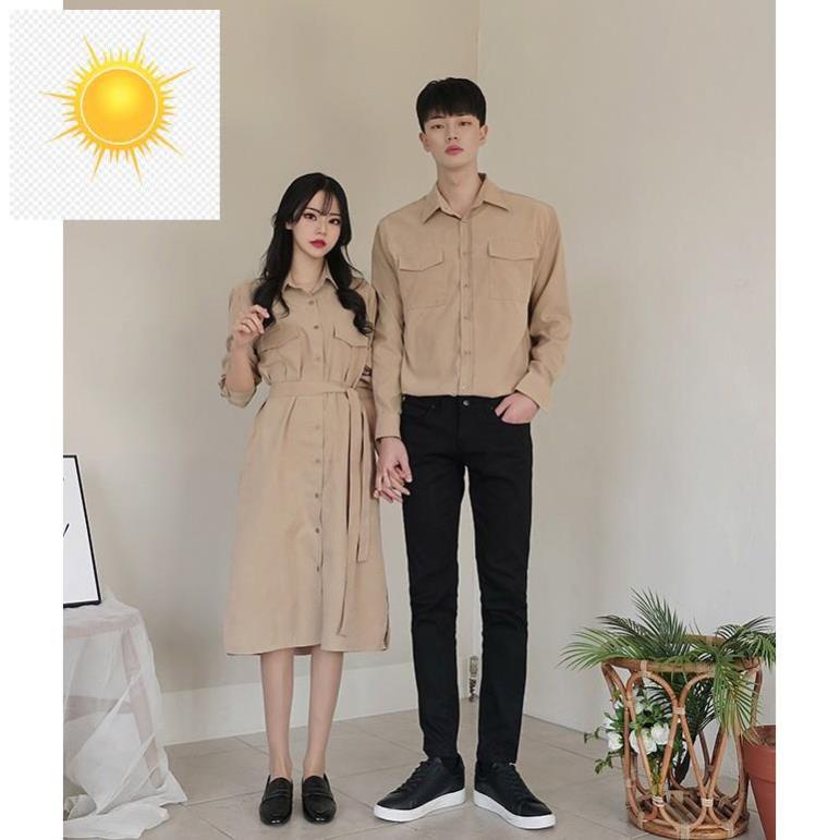 👳 Áo Váy đôi ❤️FREESHIP❤️ Đồ đôi váy áo sơ mi nam nữ màu nude thắt eo dễ thương chụp ảnh đi biển AV130 👳 !