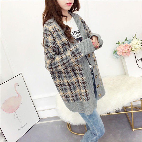 Áo khoác cardigan len dệt kim dáng rộng kẻ sọc kiểu retro hàn quốc