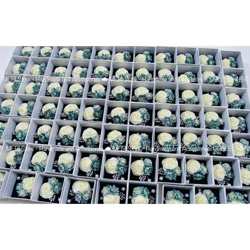 Hoa cài áo MEBI handmade mẫu hồng trắng mix xanh tây siêu sang