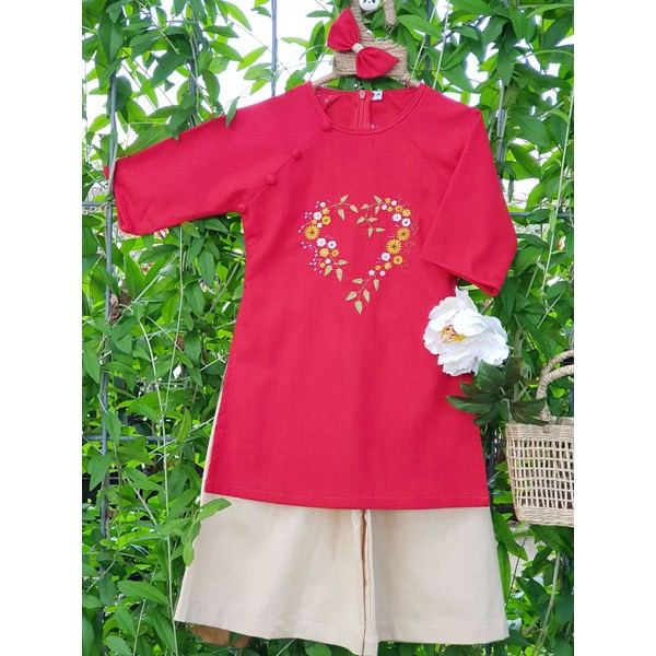 Áo Dài Trẻ Em Linen Đỏ Thêu Phối Kem