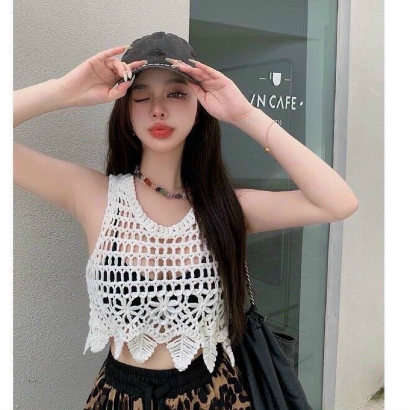 ÁO LEN_ áo crop len HUOL.OI_store đan lưới đi biển