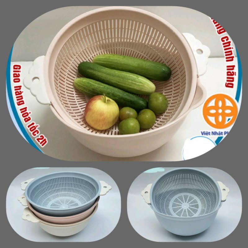 #Đáng tiền# Rổ tròn 2 lớp có tai kèm chậu nhựa Việt Nhật - rổ đựng hoa quả, rửa rau củ có chậu hứng nước - màu trẻ trung