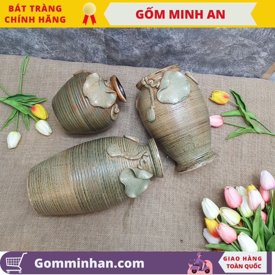 Bình Hoa Lọ Hoa Decor Gốm Mộc Đắp Sen Dáng Nhỏ Cắm Hoa Hồng Hoa Cúc Gốm Bát Tràng- Gốm Minh An