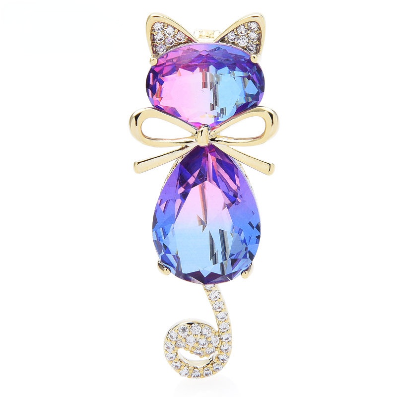 Ghim Cài Áo Hình Mèo Đeo Nơ Đính Đá Pha Lê Lấp Lánh Sang Trọng Cho Nữ