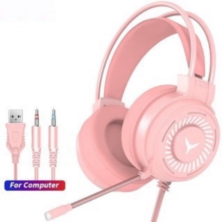 Tai nghe Gaming chụp tai màu hồng có đèn Led và Mic, headphone cho PC, kết nối nhanh