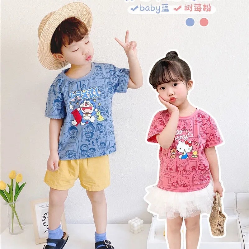 Áo Thun 100% Cotton In Hoạ Tiết Hoạt Hình Doraemon Thời Trang Mùa Hè Phong Cách Hàn Quốc Cho Bé 3-7 Tuổi