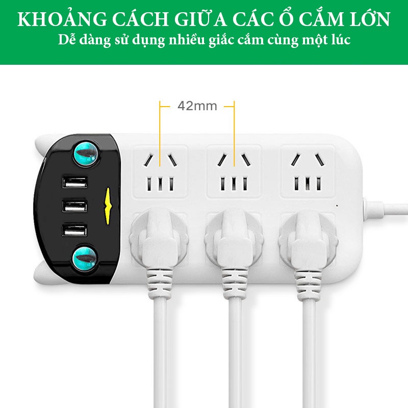 Ổ Cắm Điện Thông Minh Đa Năng Chống Giật, Tích Hợp 3 Cổng Cắm Sạc USB Tiện Lợi Hình CON MÈO VERSION 2 - Gia Dụng Tý Tẹo