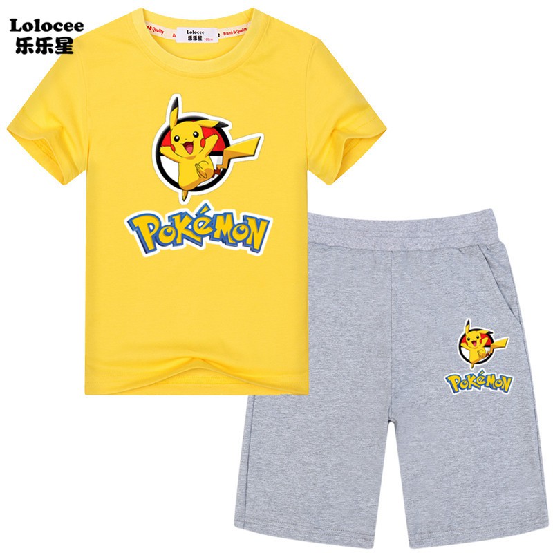 POKEMON Set Áo Thun Tay Ngắn &amp; Quần Short Hình Pikachu Cho Bé Trai