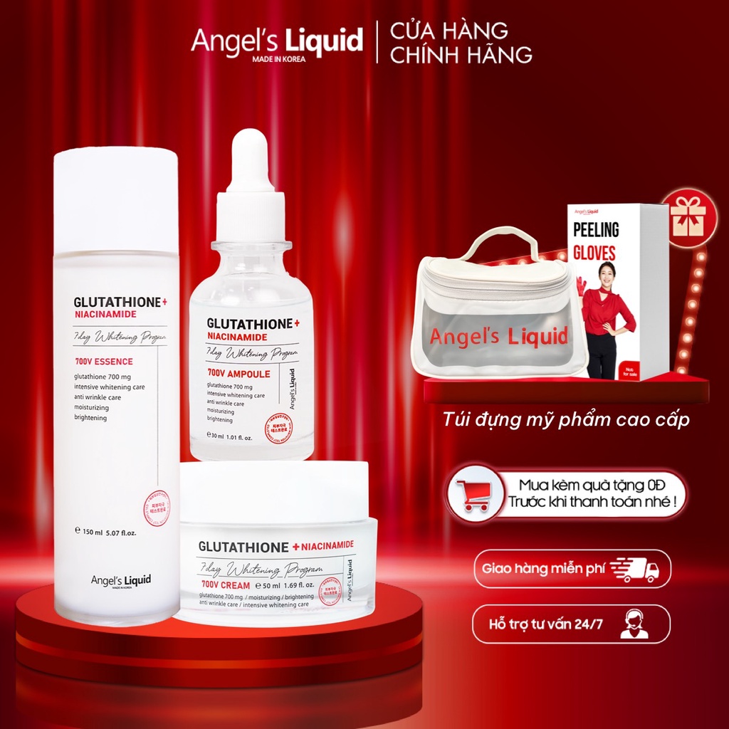 Bộ 3 sản phẩm Nước thần, Huyết thanh, Kem dưỡng trắng, se khít lỗ chân lông Angel's Liquid Glutathione Plus Niacinamide