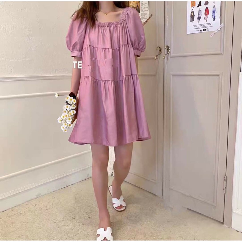 VÁY TRỄ VAI BABYDOLL TAY CHUN MÀU TÍM TRẮNG - ĐẦM CỔ VUÔNG BA TẦNG TRẮNG TÍM ULZZANG